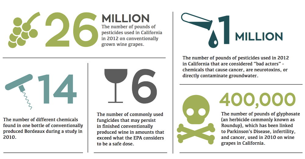26 MILLION: The number of pounds of pesticides used in California in 2012 on conventionally grown wine grapes. 14: The number of different chemicals found in one bottle of conventionally produced Bordeaux during a study in 2010. 6: The number of commonly used fungicides that may persist in finished conventionally produced wine in amounts that exceed what the EPA considers to be a safe dose. 1 MILLION: The number of pounds of pesticides used in 2012 in California that are considered “bad actors” - chemicals that cause cancer, are neurotoxins, or directly contaminate groundwater. 400,000: The number of pounds of glyphosate (an herbicide commonly known as Roundup), which has been linked to Parkinson’s Disease, infertility, and cancer, used in 2010 on wine grapes in California.