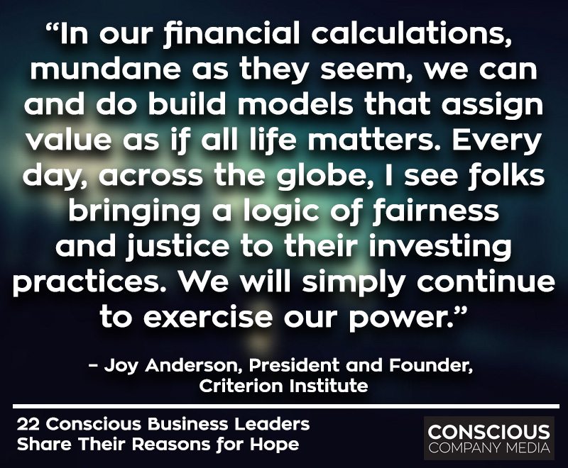“In our financial calculations, mundane as they seem, we can and do build models that assign value as if all life matters. Every day, across the globe, I see folks bringing a logic of fairness and justice to their investing practices. We will simply continue to exercise our power.” – Joy Anderson, President and Founder, Criterion Institute